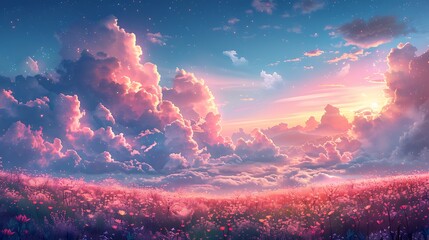 A children’s book illustration style depicting a fantastical sky filled with cotton candy clouds over a whimsical landscape.