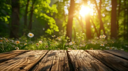 An empty wooden table in springtime in sunny rays.