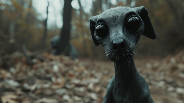 Creepy Grey Alien dog with Oversized Black Eyes.