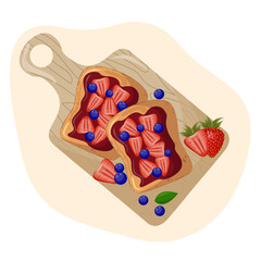 Sweet toasts on kitchen board. Cartoon isolated slices of toasted bread with pieces of strawberry and  blueberries for breakfast. Toasted bread with chocolate spread.Vector illustration