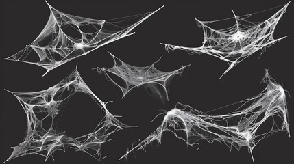 The Halloween line cobweb effect modern horror corner frame set. Spiderweb creepy thread graphic texture isolated natural illustration for advertising. 3d realistic arachnid cobwebby border design.