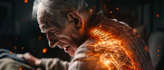 VFX Back Pain Augmented Reality Animation. Close Up of a Senior Male experiencing discomfort caused by spinal trauma or arthritis. Man massaging and stretching back to ease discomfort.