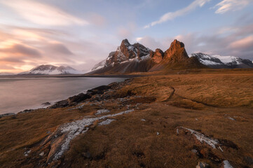Eystrahorn and Hvalnes Beach at the southeast tip of Iceland during sunset in autumn
