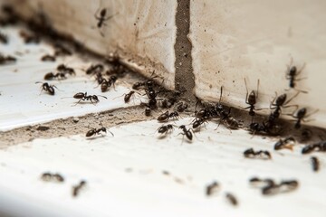 A close-up showing a swarm of ants crowding in the corner of a white windowsill, symbolizing infestation