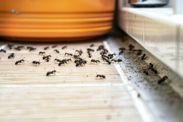 This photo captures a colony of ants on a laminate floor, congregating near the base of a potted plant, showing their social behavior