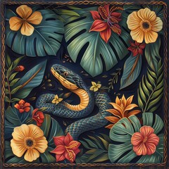 4K high-definition wallpaper, vibrant jungle scenes, large leaves, and surreal animal illustrations. There is a coiled cobra in the center, left blank, surrounded by lush green foliage and colorful pl