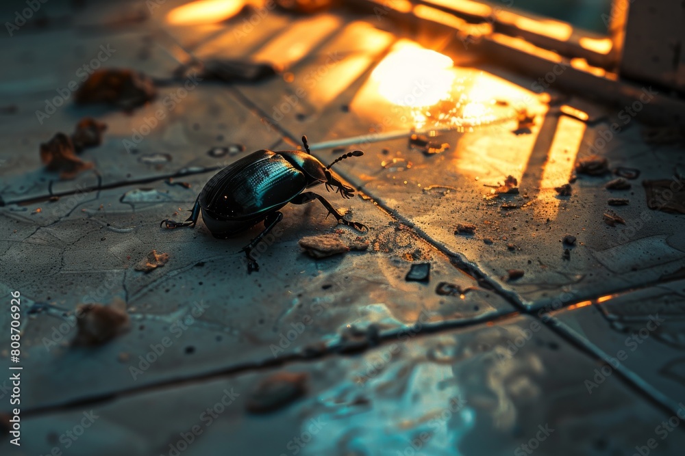 Poster A macro shot of a gleaming beetle on a moist, tiled floor with reflections of light and debris around it