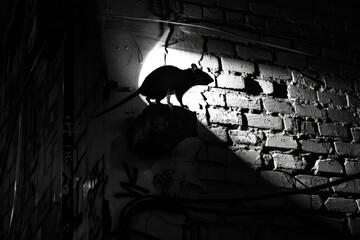 A striking black and white image of a rat's silhouette against a night-lit brick wall with grafitti