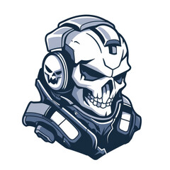 Futuristic soldier skull emblem with headphones