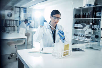 Woman, vial or scientist in laboratory for science innovation, life expectancy or antiaging medicine. Futuristic, medical test or healthcare biologist with chemistry liquid in research or examination