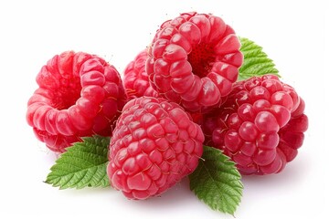 Juicy red raspberries and their green leaves are shown isolated on a pristine white background for clarity - Powered by Adobe