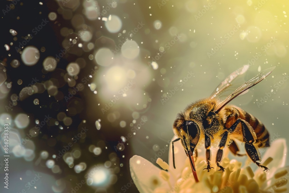 Poster A macro shot of a honeybee with delicate wings, collecting nectar on a tiny white flower amidst soft bokeh lights