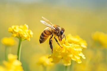 Vivid scene of a bee sipping nectar surrounded by bright yellow flowers with a blurred green background - Powered by Adobe