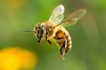 An image of a single honeybee in flight, with pollen grains clearly visible on its legs