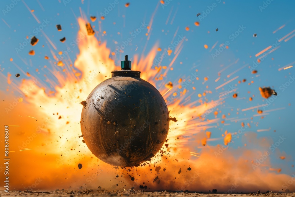 Poster the image captures the intense moment of a black spherical bomb detonating, creating a striking burs