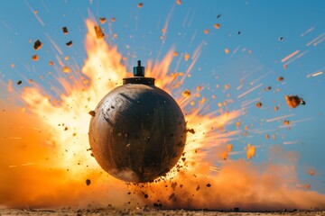 The image captures the intense moment of a black spherical bomb detonating, creating a striking burst of flames and sparks