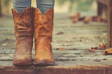 Detailed shot of classic cowboy boots standing on wooden planks surrounded by autumn leaves, embodying the essence of country life and rustic style