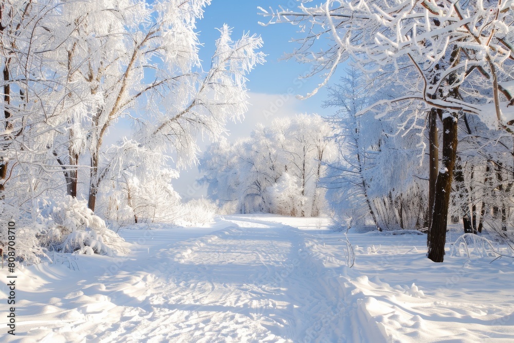 Poster a serene snow-covered landscape with frosted trees against a clear blue sky and a path leading into 