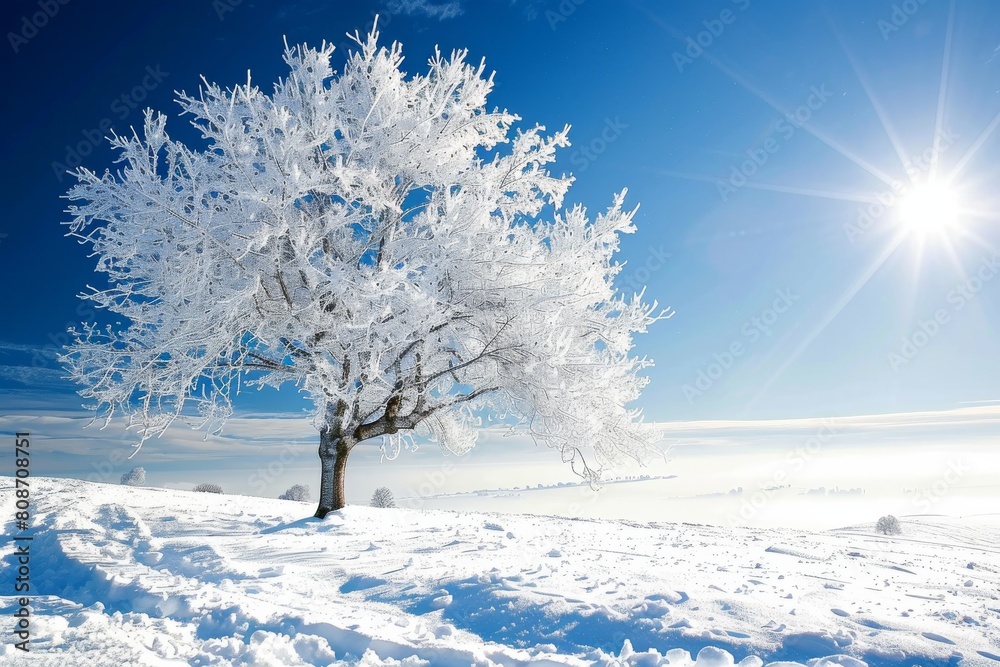 Poster stark white branches of a single tree stand out against a deep blue sky and dazzling sunlight on a s