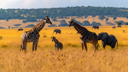 A photo featuring a vast savanna with grazing wildlife. Highlighting the graceful movement of giraffes and elephants, while surrounded by golden grasslands