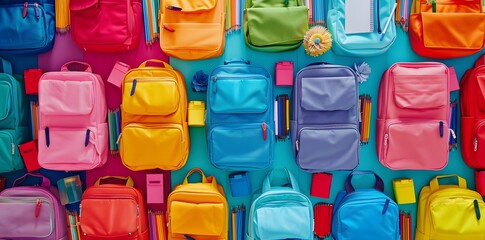 Collection of Colorful School Backpacks with Notebooks and Pens