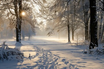 A stunning winter landscape captivates with snow-clad trees and sun rays piercing through the foggy air