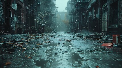 A cinematic shot of an urban alley fading from bright, lively white to gloomy dark gray, symbolizing the city's decline and the passage of time.