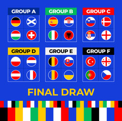 Football 2024 final stage groups. table of the final draw of the Football Championship 2024. National football teams with flag icons.