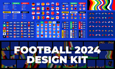 Europe Football cup 2024 social media design kit. Set of Vector illustration for european Football soccer cup 2024 background, groups, flags and design elements..