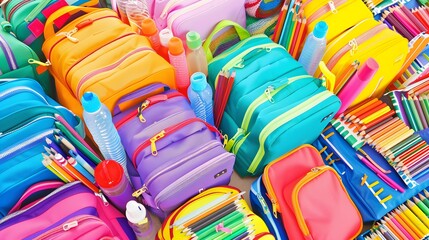 Vibrant School Supplies Including Colorful Pencil Cases and Markers
