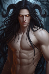 Portrait of a handsome fantasy male demon with muscular body, sexy man, handsome male face, drawing, digital art, fantasy magic