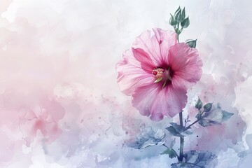 In the soft washes of watercolor, the Hollyhock flower blooms with timeless elegance, its towering spikes adorned with velvety petals that sway gently in the breeze.