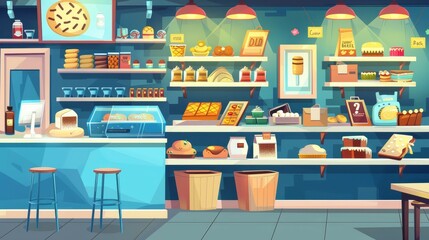 The interior of a bakery shop is depicted as a cartoon where the counter is depicted as a giant object. In the cafe bar, a selection of breads and cakes is displayed on the shelves. Chair and table