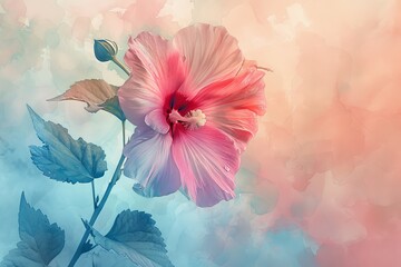 With gentle strokes, the Hollyhock flower emerges in watercolor, its petals unfurling in shades of pink, red, and white, each bloom a testament to nature's beauty and resilience.