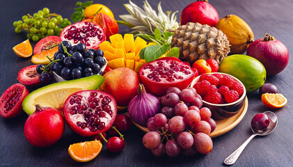 An assortment of fresh, colorful fruits including pineapple, pomegranate, grapes, oranges, and...