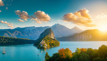A scenic landscape with a lake surrounded by mountains and colorful autumn foliage, with a small island in the foreground and a dramatic sky with clouds at sunset - Powered by Adobe
