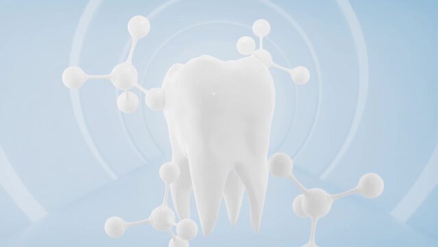 The model of a strong and bright white tooth is rotating in the middle surrounded by white molecules over a light blue background with a circle pattern. Commercial video with 3D rendering