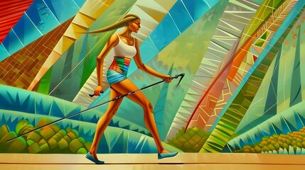 Obraz premium Nordic Walker Striding Confidently through Picturesque Setting