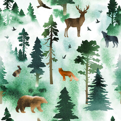 Watercolor vector seamless pattern with coniferous forest, animals and birds. Silhouette of trees, deer, hare, fox, wolf, bear. Nature design with for page fill, wrapping paper, web, textile print