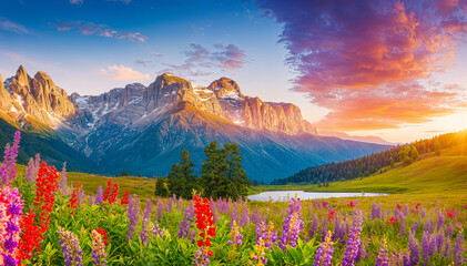 A scenic landscape with a majestic mountain range in the background, a tranquil lake in the foreground, and a vibrant field of colorful wildflowers in the middle ground. The mountains are illuminated  - Powered by Adobe