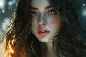 Captivating portrait of a young woman with luminous eyes amidst a magical, glowing ambiance