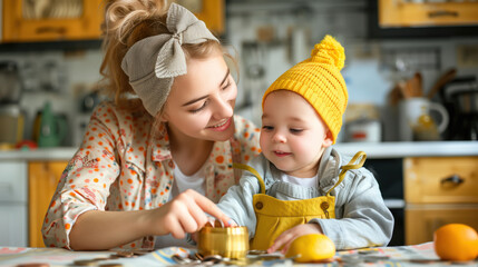 Caring young mother teaching small preschool kid daughter saving money or planning future purchases, putting coins in small piggybank in modern kitchen