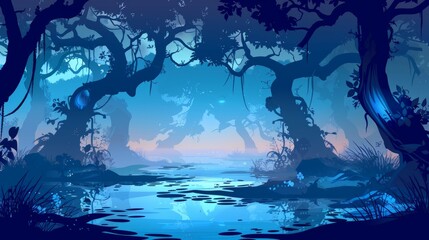 This is a forest swamp landscape background design for a fantasy game. It's a summer jungle scene with lakes water and beautiful nature park landscapes. Deciduous forests and wetlands landscape with