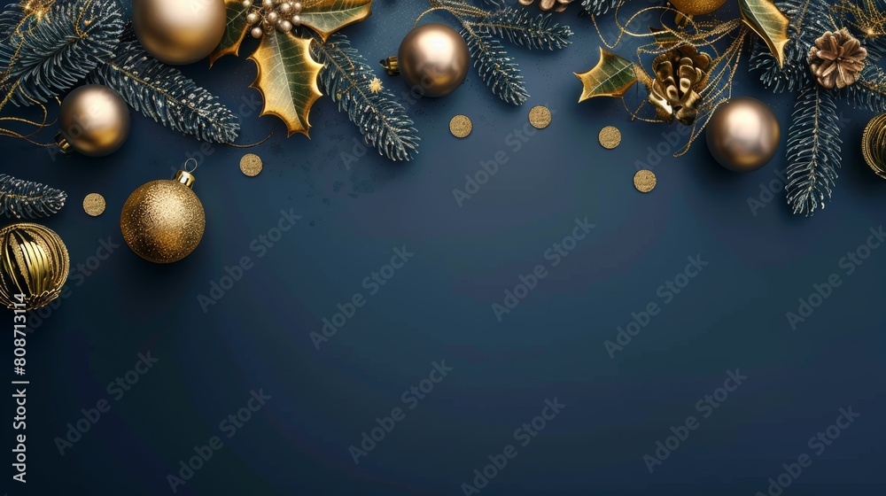 Poster Gold Christmas decorations on a dark blue background. Greeting card template for the upcoming holiday season. Banner mockup for Merry Christmas and Happy New Year.