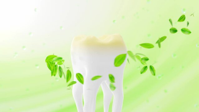 3D stock video to advertise toothpaste or teeth whitening products extracted from natural ingredients like green tea leaves, turning yellow teeth to white, frontal video shot