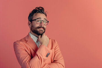 Obraz premium stylish man with a beard in a pink suit adjusting his tie thoughtfully on a pink background