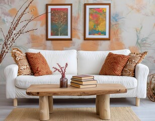 Rustic wooden coffee table with books and a vase of flowers on top. Behind a white sofa with brown cushions. Home interior design.