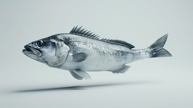 3d rendering of a fresh fish on a gray background with shadow, Generative AI illustrations.