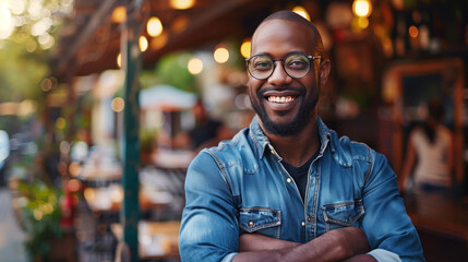 A happy African American small business owner posing with hands folded - Powered by Adobe