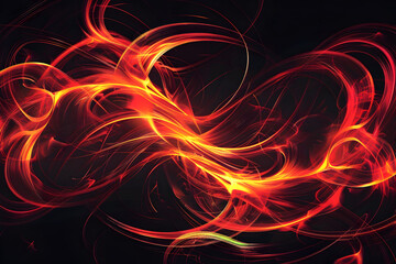 Dynamic neon swirls in fiery red and orange hues. Glowing patterns on black background.